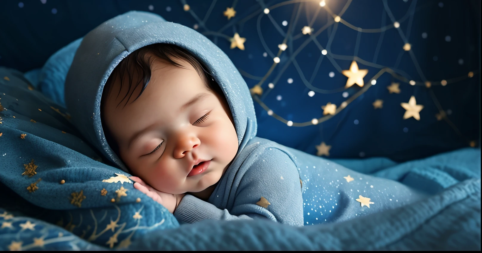 arafed baby sleeping in bed with stars and moon in the sky, dreamy night, sweet dreams, themed on the stars and moon, good night, night-time, night under the starry sky, adorable digital painting, night covered in stars, dreamy, lux, sweet night ambient, sleeping baby, starry nights, magical mood, book cover style, young baby, plenty of background, dark blue tapestry background, fairy tale style, very little smilie, well lit face, peacefully asleep, beautiful baby, adorable, sweet baby, cute baby