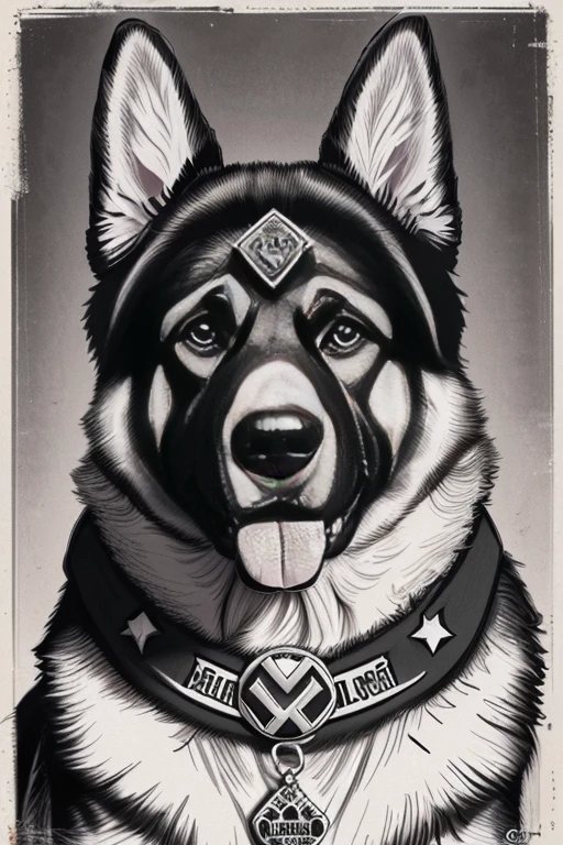 (((German Shepherd dog, bulldogue, poodle, Collie))), Using Rocker Accessories, he wears a red bandana around his neck, Fashion glasses, famous brand cap, (((cartazes, planfetos, Adesivos, propaganda, revista.))) monochrome, linear, pencil sketch, sem cor, scribble made with pencil.