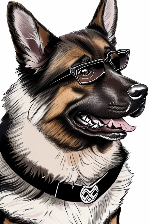 (((German Shepherd dog, bulldogue, poodle, Collie))), Using Rocker Accessories, he wears a red bandana around his neck, Fashion glasses, famous brand cap, (((cartazes, planfetos, Adesivos, propaganda, revista.))) monochrome, linear, pencil sketch, sem cor, scribble made with pencil.