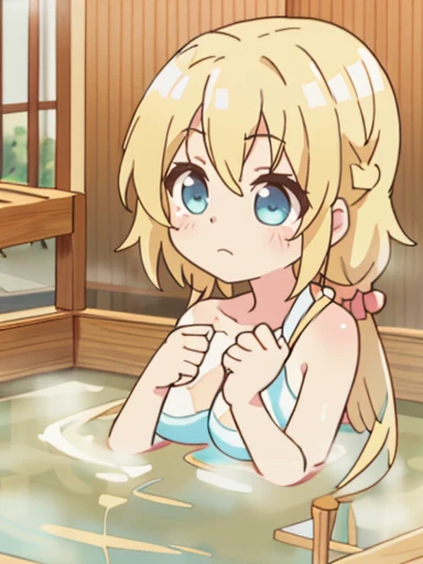 1 girl、hot spring、Completely naked、fart、shyness、blush、blonde、big breasts、bubbles appear風呂、bubbles appear、