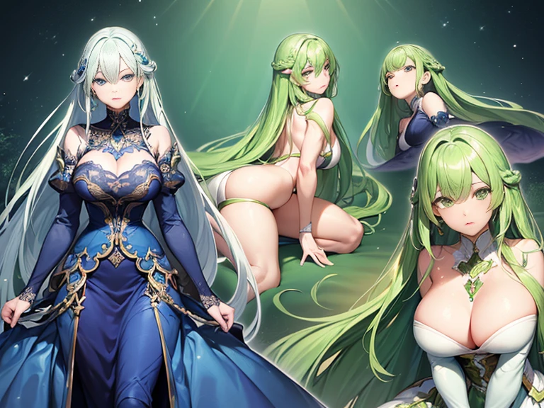 ((Masterpiece, Highest quality)), Detailed face, CharacterDesignSheet, full bodyesbian, Full of details, Multiple poses and expressions, Highly detailed, Depth, Many parts,Blue-green gradient hair color girl,Extremely long hair,french braid,Green trimmed dress dress on white background,white Heels,being thin