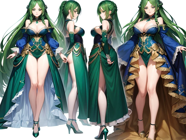 ((Masterpiece, Highest quality)), Detailed face, CharacterDesignSheet, full bodyesbian, Full of details, Multiple poses and expressions, Highly detailed, Depth, Many parts,Blue-green gradient hair color girl,Extremely long hair,french braid,Green trimmed dress dress on white background,white Heels,being thin