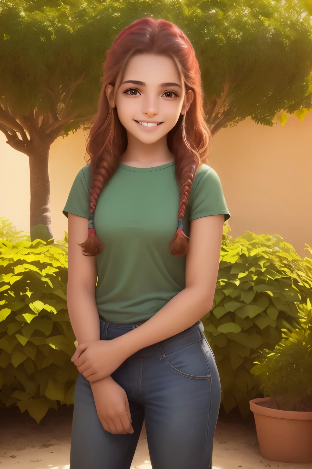 a beautiful girl 14 years old, sonriendo al celular, cuerpo entero, landscaping technique, global illumination, realista, red social, Parte superior cabellos largos, ojos celestes, senos medianos, cintura fina, cuerpo saludable, alegre 