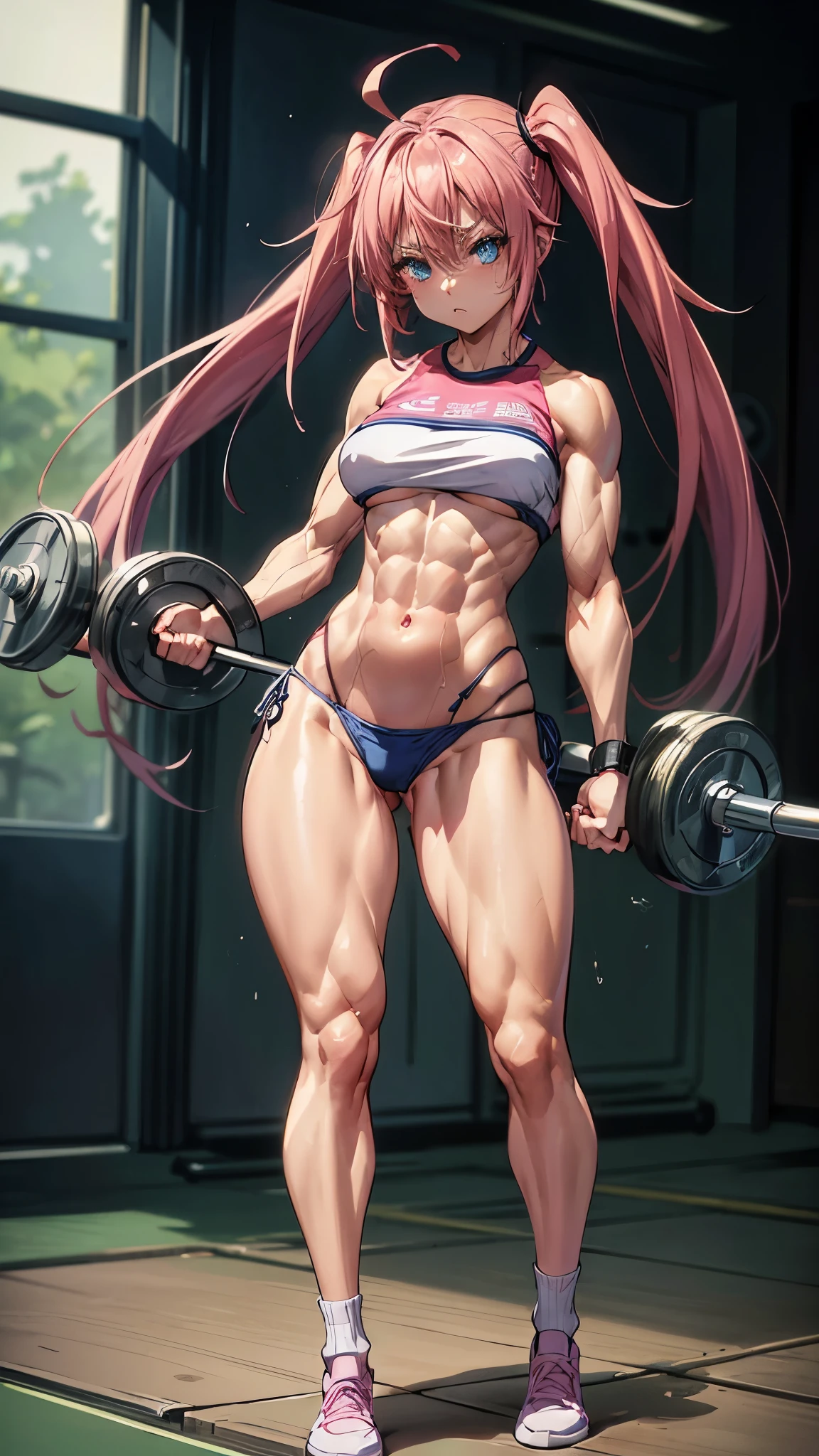 1 girl, (average breasts))), (((wearing short bikini))), (long pink hair), (((blue eyes))), Thin arms, (At the gym), (slim waist), (( (muscular legs))), muscular belly, wearing a red high heel shoe, (((Lifting weights in the gym))), (full body photo), (twintails), long eyes, eye Reflection, (bad mood ), anime, anime style, ray tracing, Reflection, drop shadow, Sony FE, 8k, UDisk, artwork, accurate, anatomically correct, super detail, best quality, ultra-high resolution, hard drive, 16k