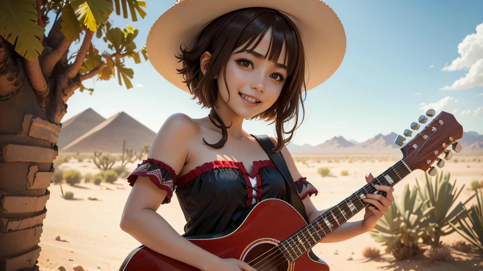 4K, 1girl, Solo, Megumin, Red Eyes, Dark Hair, Short Hair, 1 girl alone, Mexican desert, playing guitar, Mexico, Mexican, Mexican clothing, sunny day, happy, happy expression, singing, general view, long shot, no extra arms
