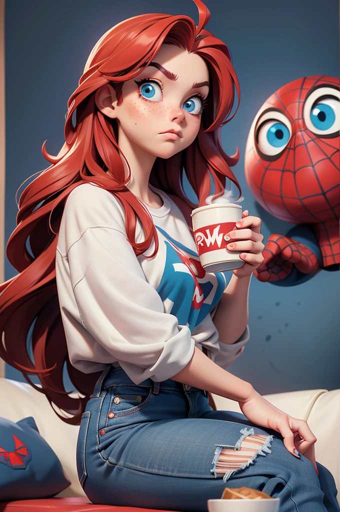An adult girl with red long straight hair, freckles, blue eyes and curvy, with a white shirt with spiderman logo and ripped jeans with a coffee cup in her hands, resting with a gossip face in her sofa in her apartment with new york poster in her wall, in Pixar style, masterpiece