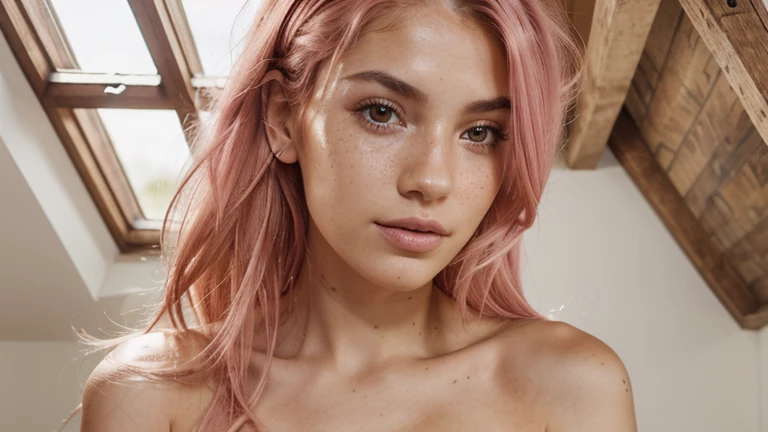 realistic photo of beautiful woman with pink hair, hair roots slightly faded, spanish, influencer, light freckles, brown eyes, no makeup, skinny body