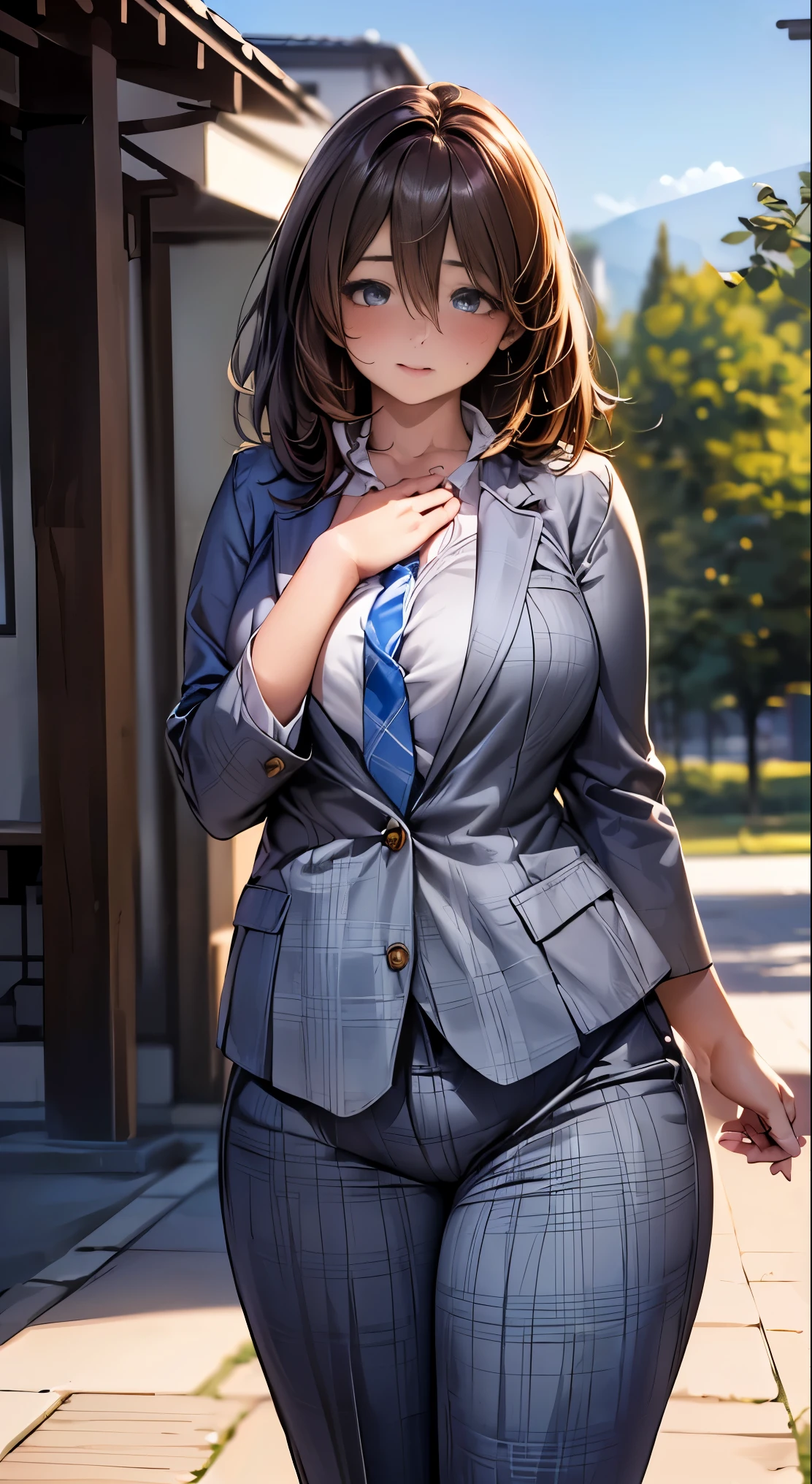 (masterpiece:1.2, highest quality), (realistic, photorealistic:1.4), beautiful illustrations,
looking at the viewer, whole body, Front view:0.6,
1 female, Japanese, high School girl, ((medium hair:1.5)), blown hair, bangs, hair between eyes, big breasts:0.8,
beautiful hair, beautiful face, beautiful and detailed eyes, beautiful clavicle, ((Chubby body type:1.5)), beautiful breasts, beautiful thighs, beautiful feet, beautiful fingers,
(beautiful scenery), , School,
((white shirt , gray plaid jacket and pants, Blue plaid tie)), (put your hand on your chest, hand between legs), blush