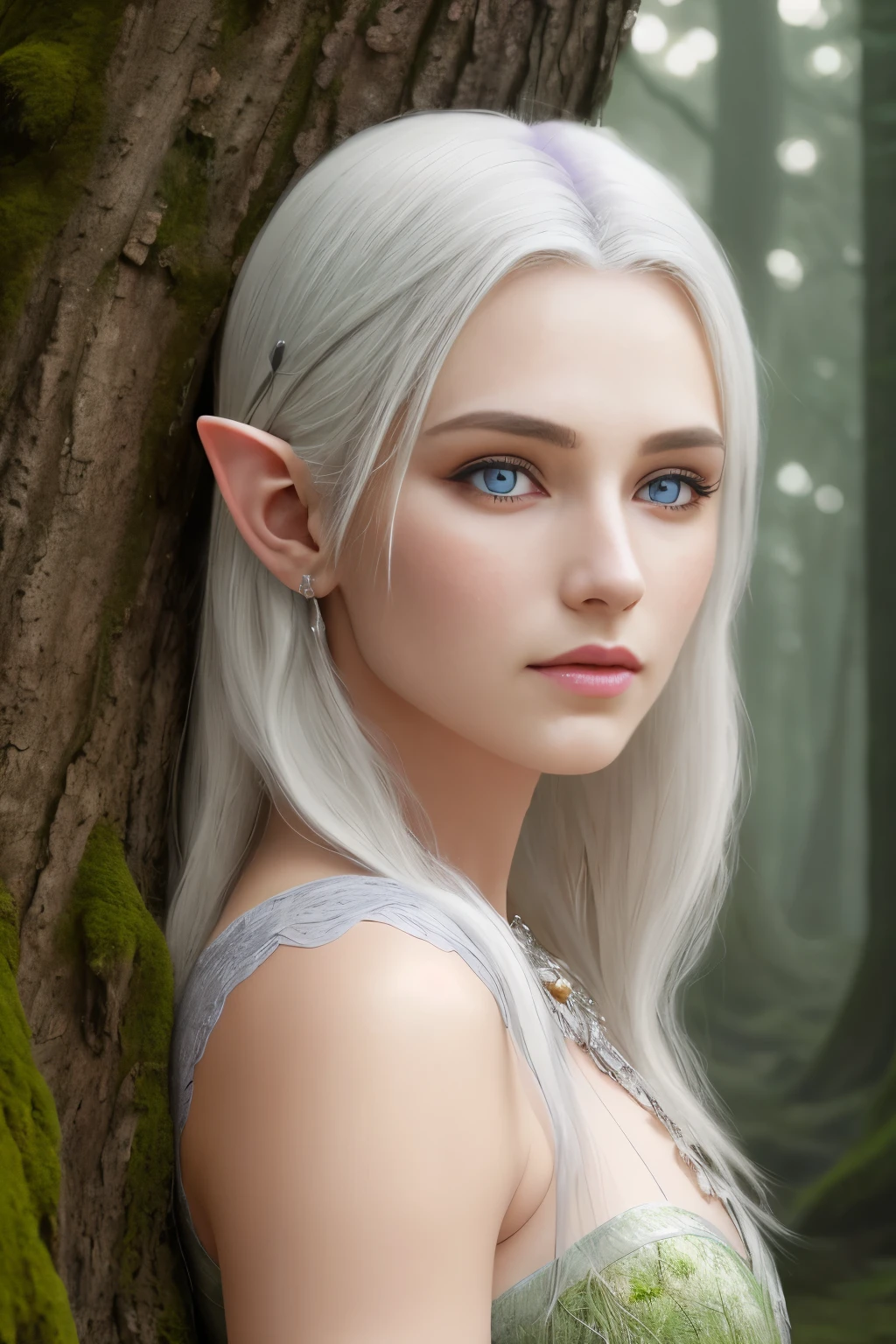 Photo of a young white-haired elf with captivating purple eyes, ((Portrait)), ((Detailed face:1.2)), ((Detailed facial features)), fine, textured skin, in a forest environment, sitting on a moss-covered log, attired in elegant elfin attire, ((Realistic rendering)), photographed with a Canon EOS R6, 35mm Lens, F/1.4, nffsw, (8K) (Wallpaper) (High Contrast Lighting) (Soft Box) (Elaborate) Fantasy, Close-up.
