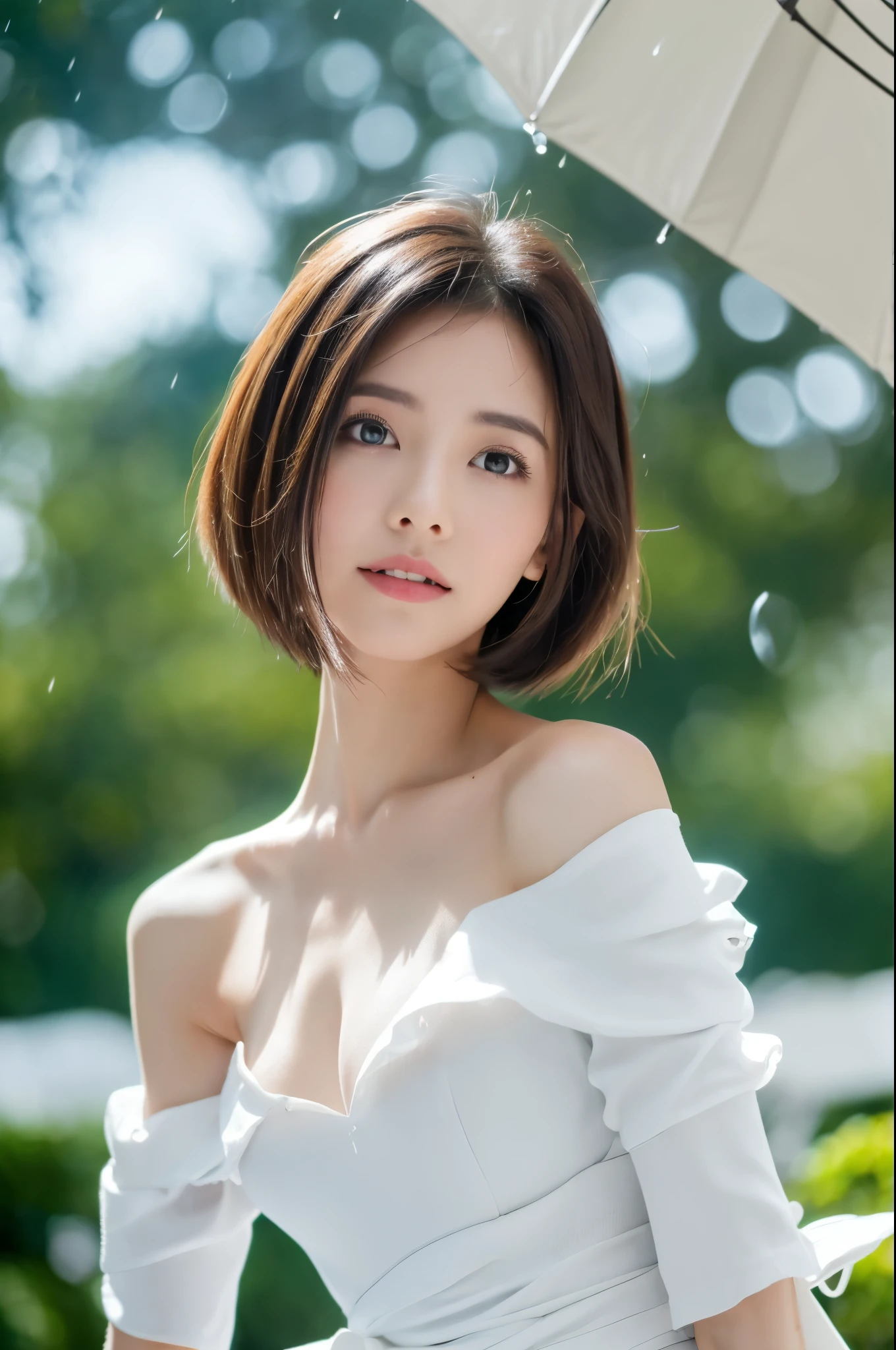 ((Best Quality, 8k, Masterpiece: 1.3)), Focus: 1.2, Perfect Body Beauty: 1.4, Buttocks: 1.2, ((Layered Haircut)), (White Clothes: 1.1), (Rain, Street:1.3), (Breasts: 1.2), Bare Shoulders, Highly Detailed Face and Skin Texture, Fine Eyes, Double Eyelids, Whitened Skin, Various Hair Style, (Bokeh Background: 1.5), Medium Breasts, Extremely Thin Waist