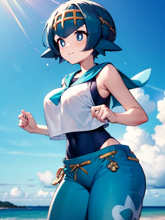 high saturation, high quality, masterpiece, big tits, pkmnLana, white pupils, headband, blue sailor collar, sleeveless white shirt, swimsuit under clothes, blue pants