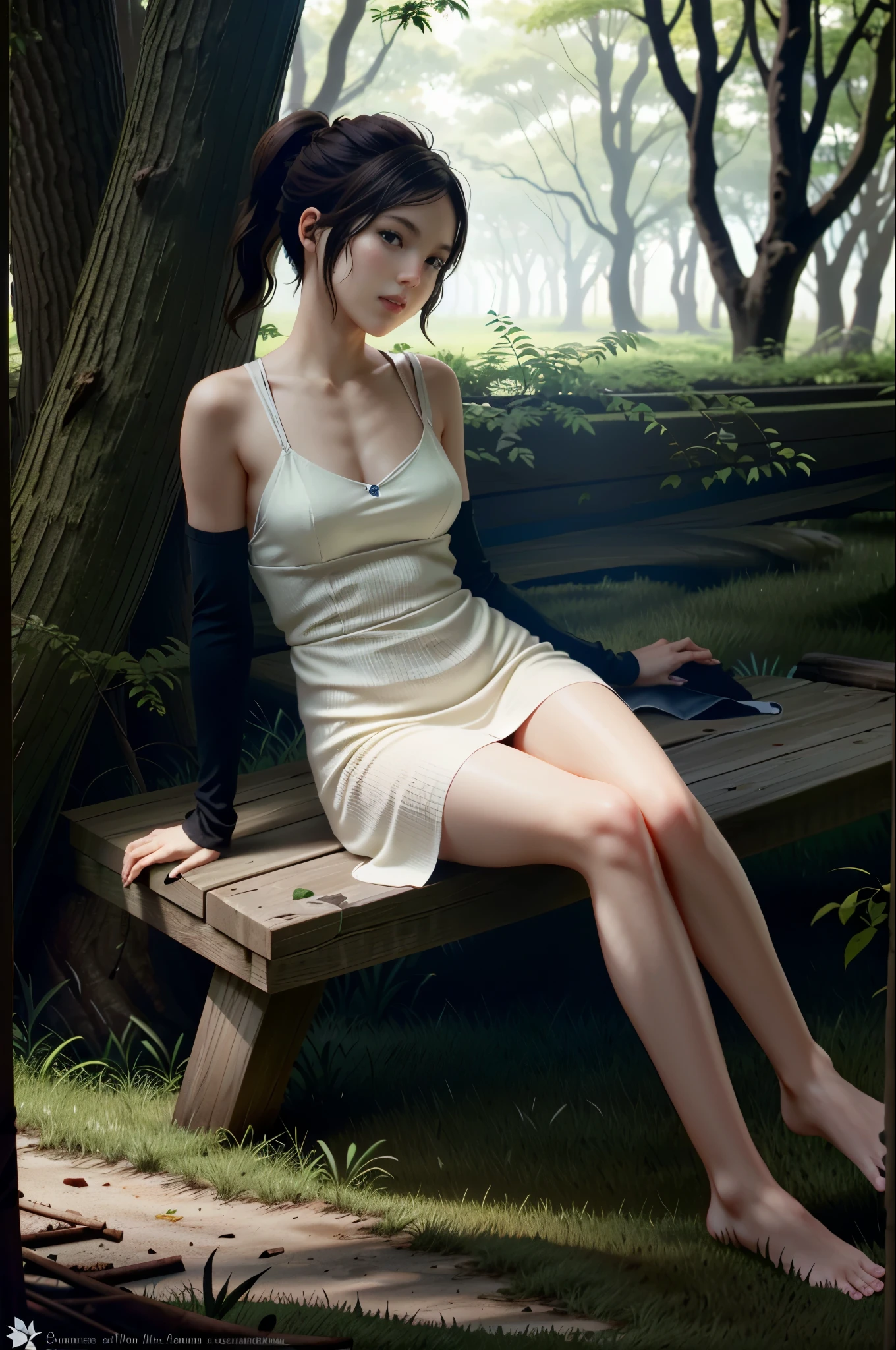 (artwork, best quality:1.3) EllieTLOU, 1 girl, brown hair, Long hair, ponytail, sitting, abandoned in a forest, Green Plants, soft lighting, realistic, smooth face, Full body shot, torso, dress, perfect eyes, refined