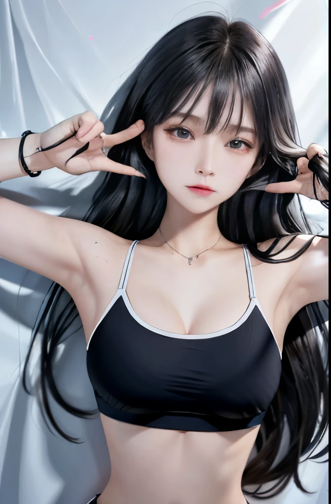 (masterpiece,Highest Quality),巨乳,小柄,A dark-haired,Medium Hair,Light blue sports bra、背景はプール