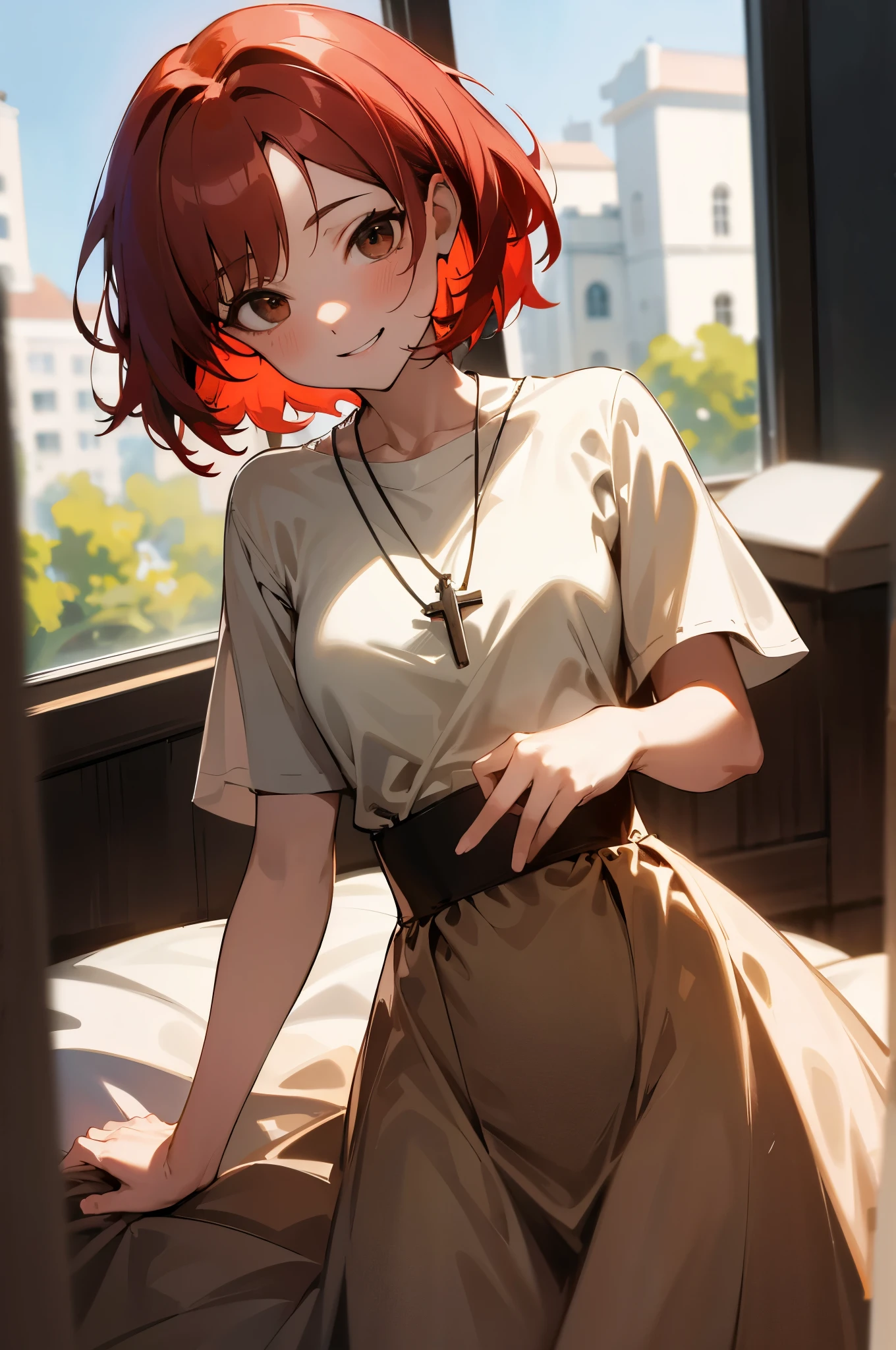 1woman, short red hair, brown eyes, wearing a modestly dress and a catholic cross necklace. in a class room, absurdness, high res, ultrasharp, 8K, masterpiece, looking at viewer. smile