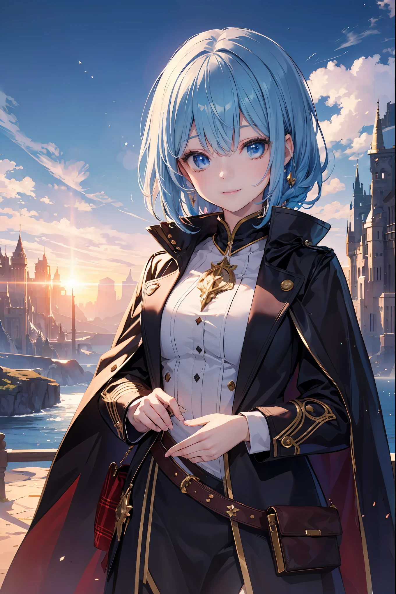 (fantasy:1.5), fantastic landscapes,
(girl:1.5), smile, cowboy shot, long coat,
(ultra_detailed:1.3), (decorated:1.3),
glow light, lens flare, iridescent light, light particles,