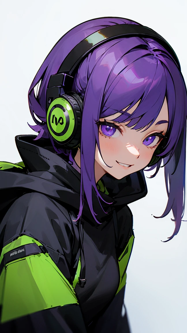 (((White background:1.3))), (((1 woman:1.3))), ((black hoodie1.2)), ((portrair:1.2)), 1 purple-haired woman, the woman's hair is purple on the outside and dark green on the inside, the woman has purple eyes, the woman is wearing a long-sleeved sweater with a turtleneck, the woman's sweater is colored black, black military sweater, black sweater with green prints, 1 woman with a defiant smile with sharp teeth, photo facing the camera, 1 woman with military headphones, colored military headphones green, green headphones, 1 woman with a military backpack, dark purple military backpack, white background, 1 woman on a white background, behind the woman on a white background, 1 woman alone on a white background, military style, anime style, gibly studio