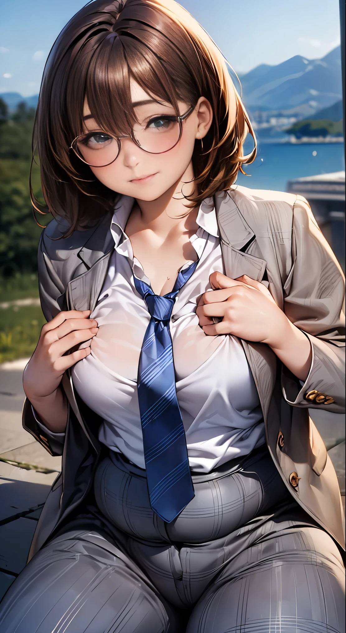 (masterpiece:1.2, highest quality), (realistic, photorealistic:1.4), beautiful illustrations,
looking at the viewer, whole body, Front view:0.6,
1 female, Japanese, high School girl, ((medium hair:1.5)), blown hair, bangs, hair between eyes, big breasts:0.8,
beautiful hair, beautiful face, beautiful and detailed eyes, beautiful clavicle, ((Chubby body type:1.5)), beautiful breasts, beautiful thighs, beautiful feet, beautiful fingers,
(beautiful scenery), , School,
((white shirt , gray plaid jacket and pants, Blue plaid tie, round glasses)), (put your hand on your chest, hand between legs), blush