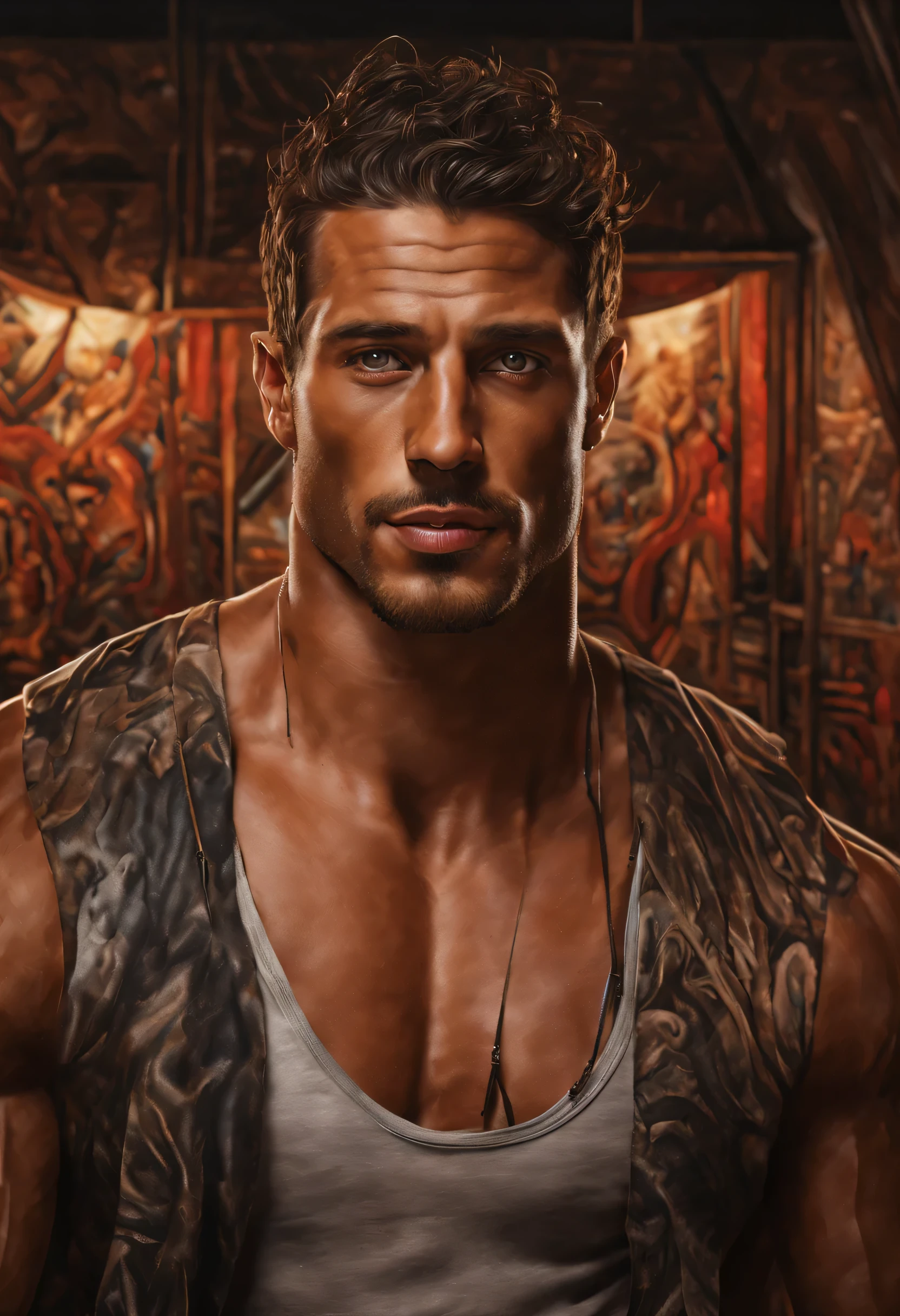 A muscular and handsome man with detailed facial features and an excellent physique stands in the foreground of the ultra-detailed artwork. His expressive eyes and defined lips create an alluring presence. The man is surrounded by a detailed background that complements his strong presence. The artwork is of the highest quality, with a resolution of 4K, 8K, or even higher, ensuring every minute detail is captured. The image is ultra-detailed and portrays a realistic or photorealistic style, making it appear lifelike. The lighting is expertly crafted, creating a sense of depth and realism. The colors used in the artwork are vivid and vibrant, enhancing the overall visual impact. With its attention to detail and masterful execution, this artwork is truly a masterpiece.