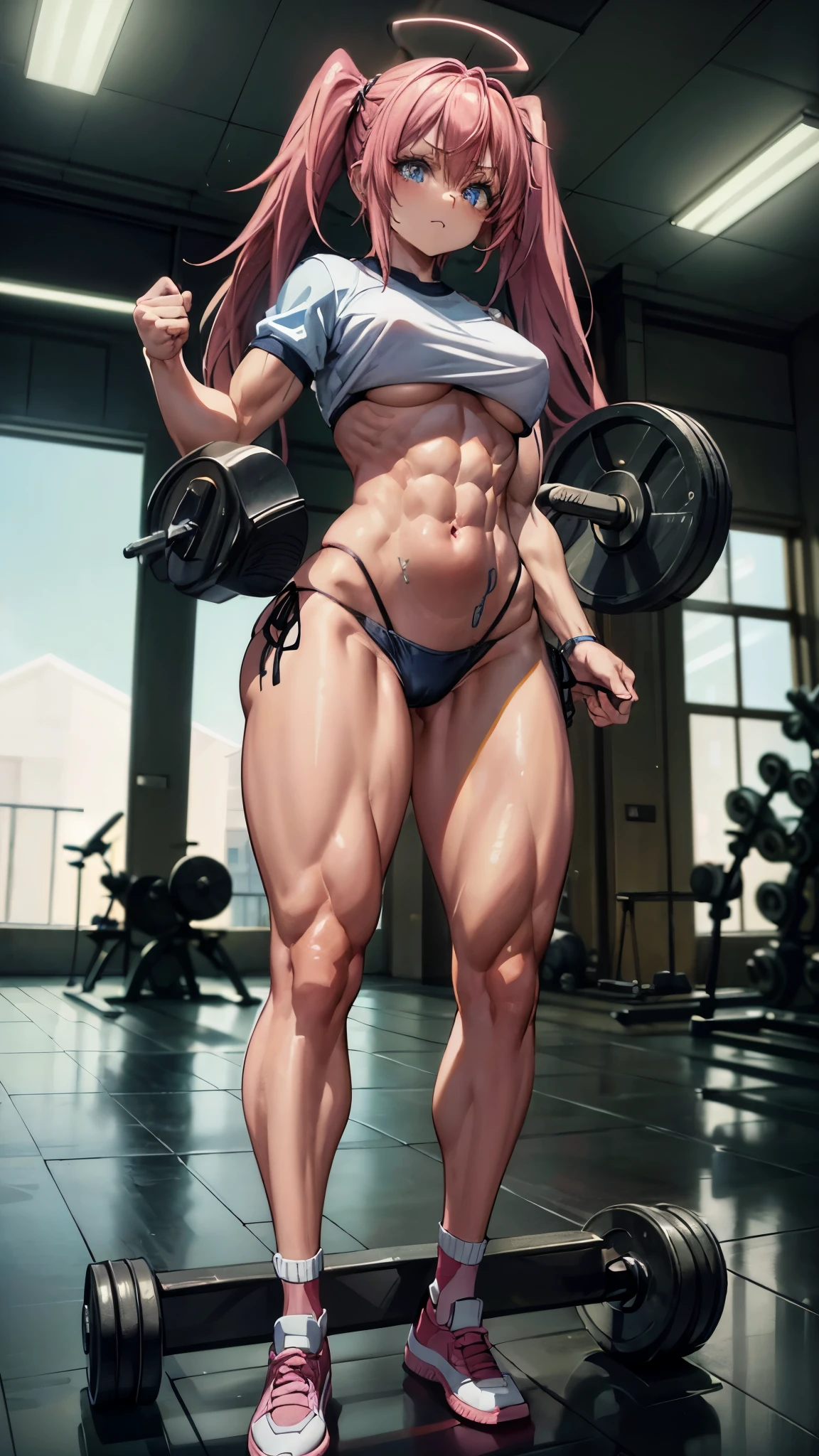 1 girl, (average breasts))), (((wearing short bikini))), (long pink hair), (((blue eyes))), Thin arms, (At the gym), (slim waist), (( (muscular legs))), muscular belly, wearing a red high heel shoe, (((Lifting weights in the gym))), (full body photo), (twintails), long eyes, eye Reflection, (bad mood ), anime, anime style, ray tracing, Reflection, drop shadow, Sony FE, 8k, UDisk, artwork, accurate, anatomically correct, super detail, best quality, ultra-high resolution, hard drive, 16k