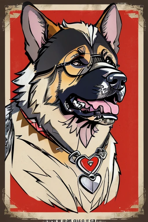 (((German Shepherd dog, bulldogue, poodle, Collie))), Using Rocker Accessories, he wears a red bandana around his neck, Fashion glasses, famous brand cap, (((cartazes, planfetos, Adesivos, propaganda, revista.))) monochrome, linear, sketch made