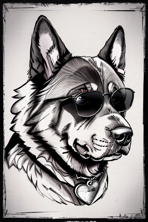 (((German Shepherd dog, bulldogue, poodle, Collie))), Using Rocker Accessories, he wears a red bandana around his neck, Fashion glasses, famous brand cap, (((cartazes, planfetos, Adesivos, propaganda, revista.))) monochrome, linear, pencil sketch, sem cor, scribble made with pencil.