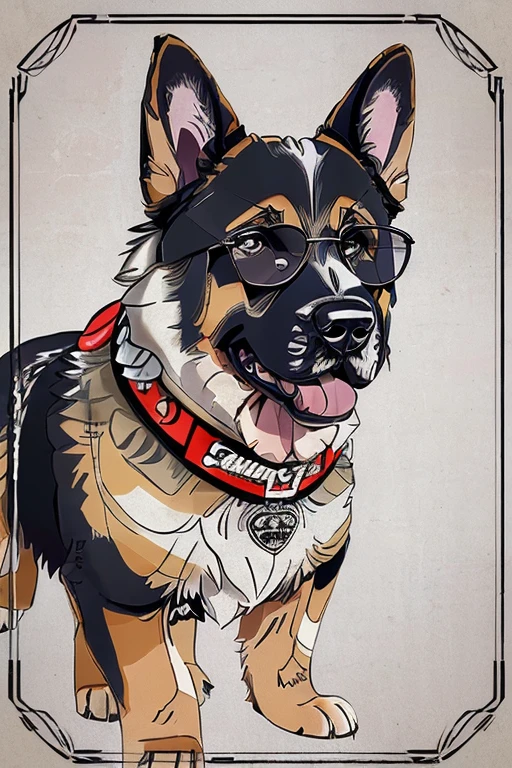 (((German Shepherd dog, bulldogue, poodle, Collie))), Using Rocker Accessories, he wears a red bandana around his neck, Fashion glasses, famous brand cap, (((cartazes, planfetos, Adesivos, propaganda, revista.))) monochrome, linear, pencil sketch, sem cor, scribble made with pencil.