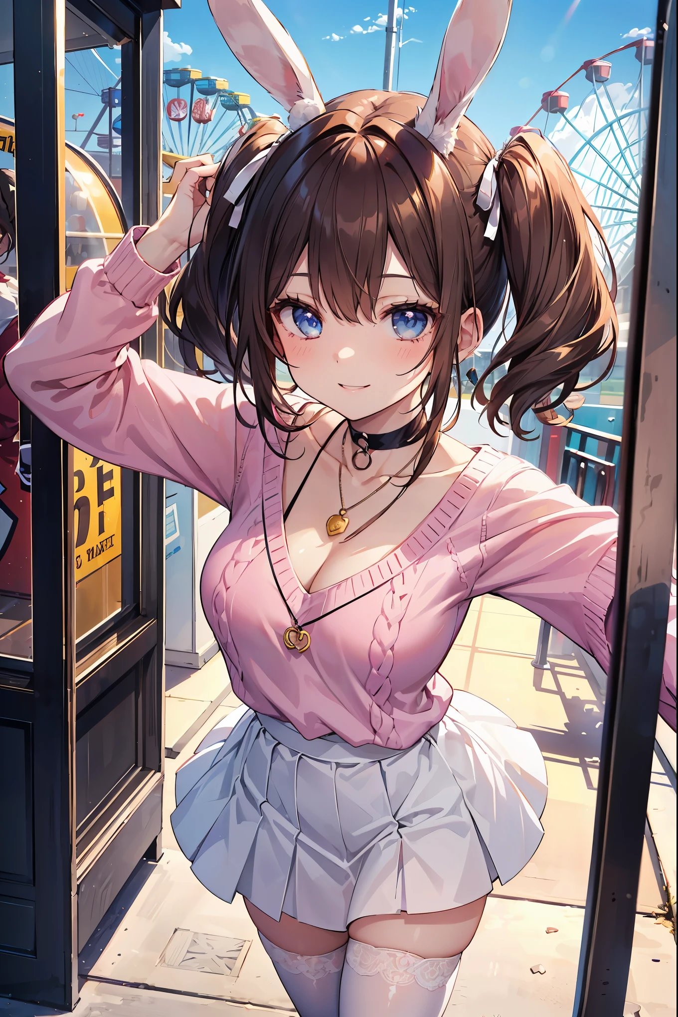 (girl): solo, (perfect face), (detailed outfit), (20 years old), lovely girl, (rabbit ears), happy, (smiling), (dancing), brown hair, medium hair, (twintails hair), blue eyes, pale skin, medium breasts, (pink sweater), (white skirt, white thighhighs), (large ribbon), (pendant), (choker)
(background): from above, outdoor, amusement park, (rides), (crowd), (ferris wheel), (afternoon), (sunny)
(effects): (masterpiece), (best quality), (sharp focus), (depth of field), (high res), more_details:-1, more_details:0, more_details:0.5, more_details:1, more_details:1.5