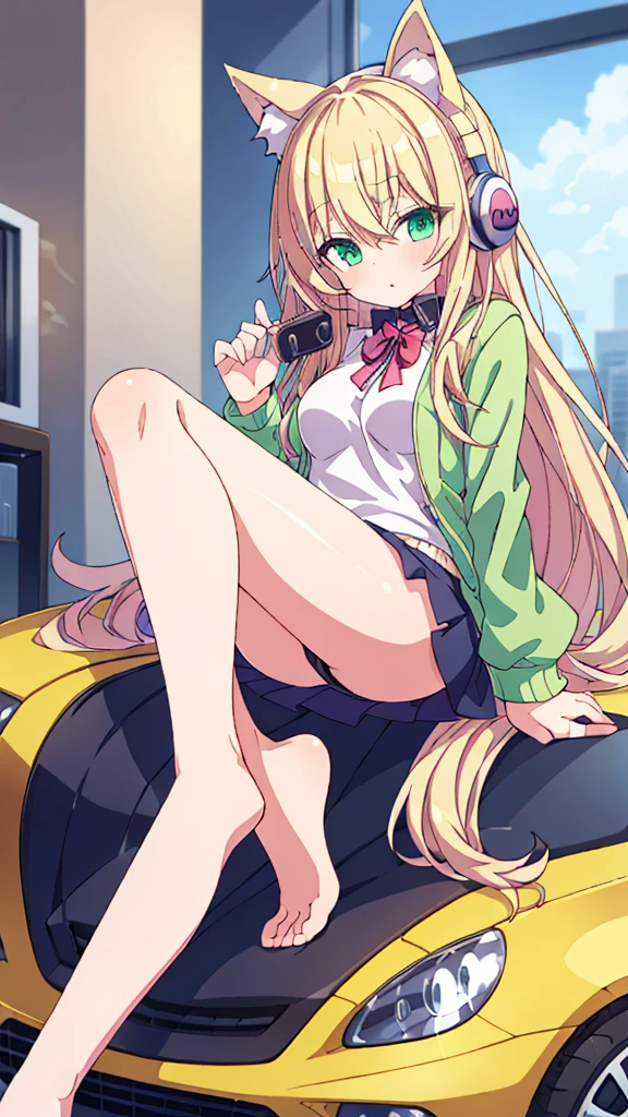 A long blond haired cute cat girl  with cute green eyes  with headphones on  wearing a jacket and a mini skirt is listening to music while siting on a sports car...