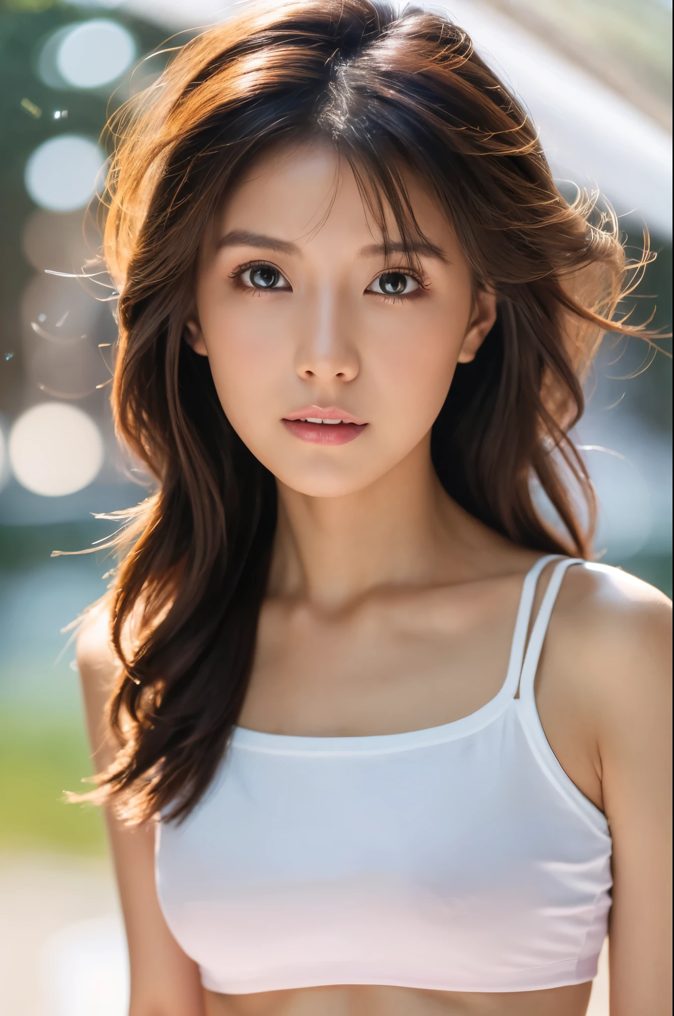 ((Best Quality, 8k, Masterpiece: 1.3)), Focus: 1.2, Perfect Body Beauty: 1.4, Buttocks: 1.2, ((Layered Haircut)), (Casual Clothes: 1.1), (Rain, Street:1.3), (Breasts: 1.2), Bare Shoulders, Highly Detailed Face and Skin Texture, Fine Eyes, Double Eyelids, Whitened Skin, Various Hair Style, (Bokeh Background: 1.5), Medium Breasts, Extremely Thin Waist