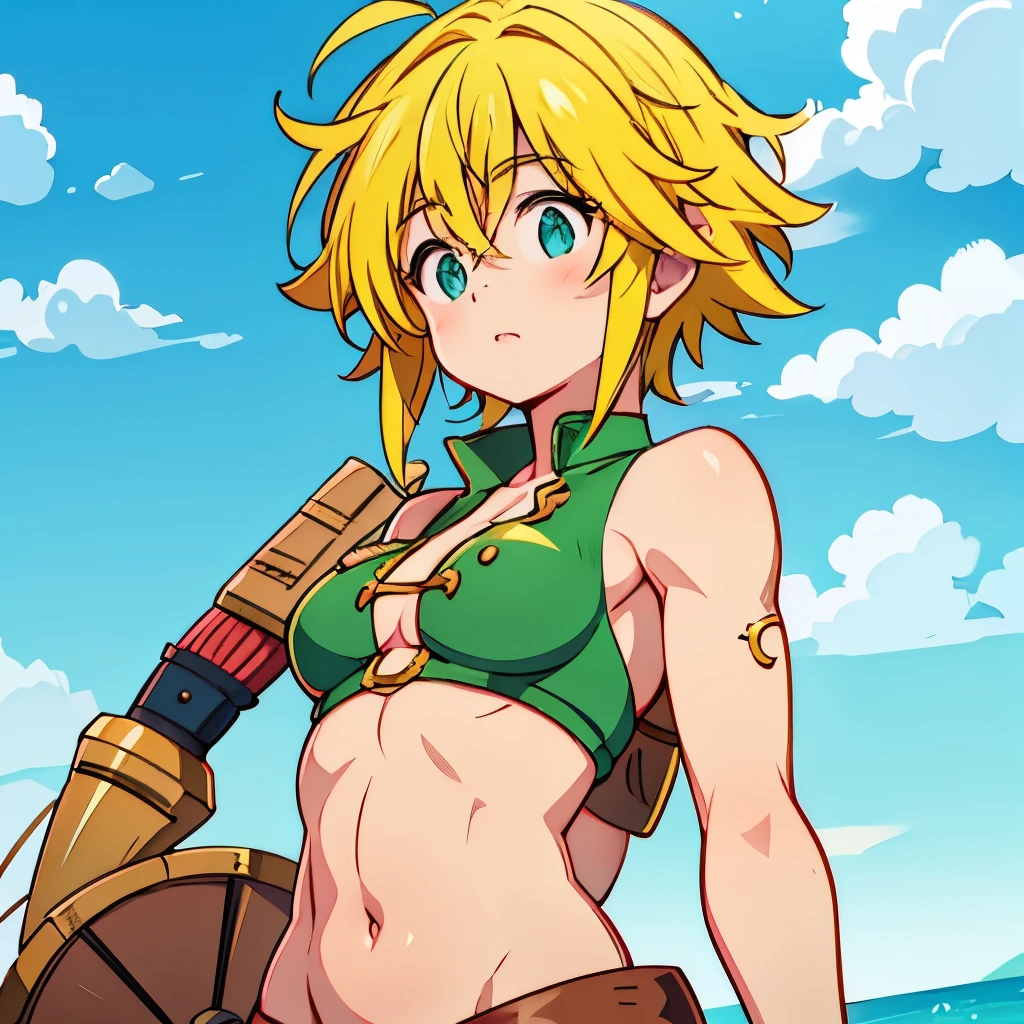 Meliodas in female version with medium breasts, her cheeks were red