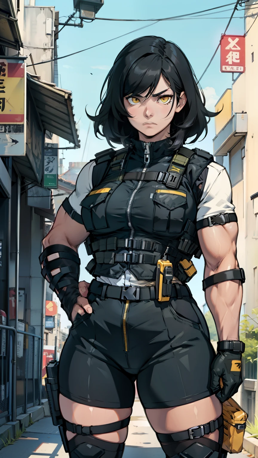 sad muscular girl thick black hair yellow eyes pale thick breasts combat gear bulletproof vest straps pockets