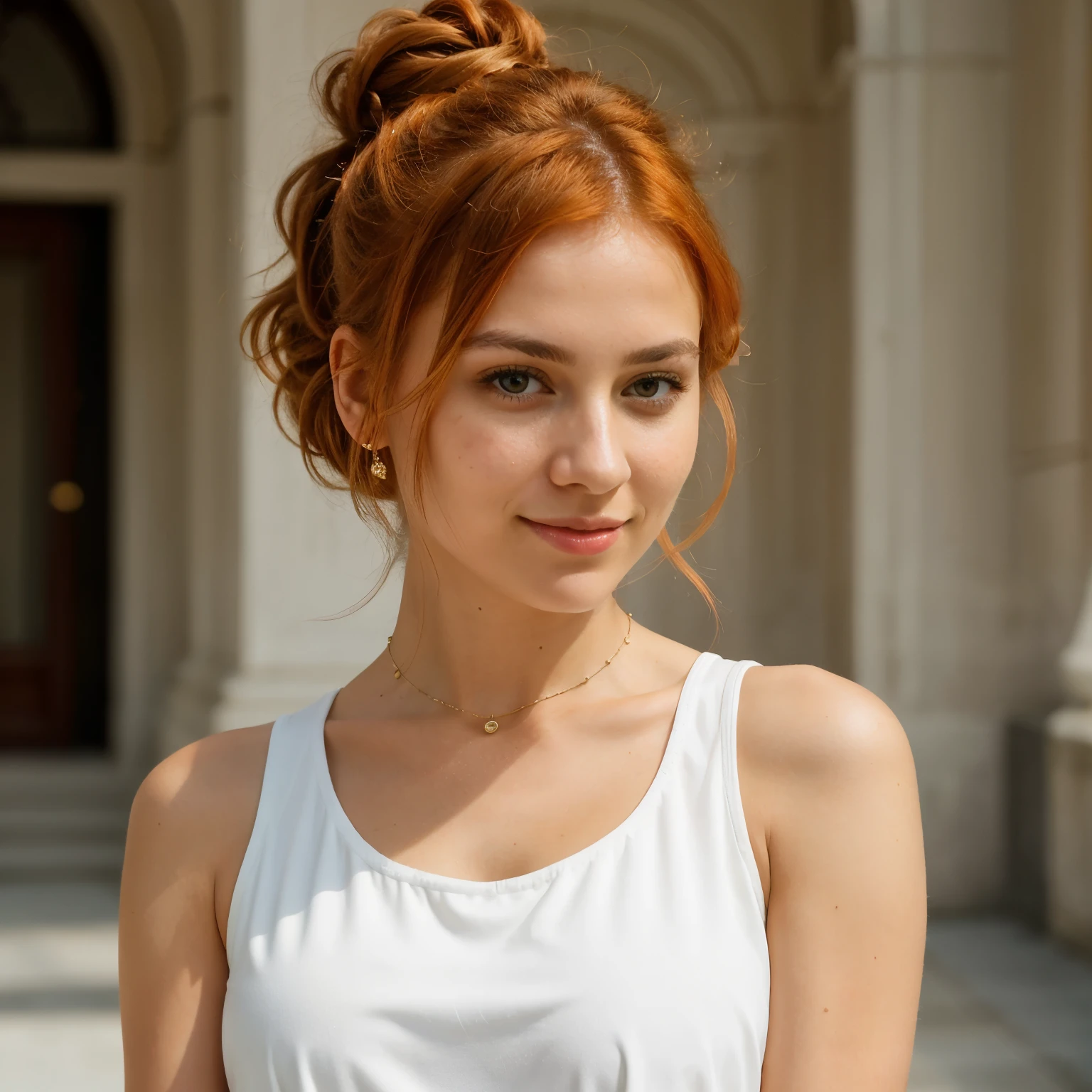 Beautiful and sexy Russian woman with brown eyes, short bright orange hair tied in a half messy bun, 25 years old, slim waist, very detailed, innocent face, face length 1.2 times the width of the face, almond-shaped eyes, square face shape , high cheekbones, bright orange short wavy hair, brown eyes, high resolution, artwork, best quality, intricate details, very detailed, sharp focus, clear detailed skin, realistic skin texture, texture, detailed eyes, professional , 4k, charming smile , shot with Canon, depth of field, Kodak Vision Colors, Perfectly adjusted body, extremely detailed, ultra photo, photorealistic, realistic, post-processing, Maximum detail, roughness, Real life, ultrarealistic, photorealism, photography, 8K Ultra HD, photography, Our girl with vibrant orange hair displays a vibrant and laid-back style with her hair tied up in a messy bun. She wears an all-white short-sleeved t-shirt, providing a sharp contrast to the intensity of her hair. Small jewels adorn your look, adding a refined and delicate touch to your appearance. The chosen pieces stand out discreetly, capturing the light and highlighting the girl's unique beauty. Black leather pants hug your curves with elegance, adding a dose of boldness and style to your image. The contrast between the leather and the white of the blouse creates an intriguing visual harmony.