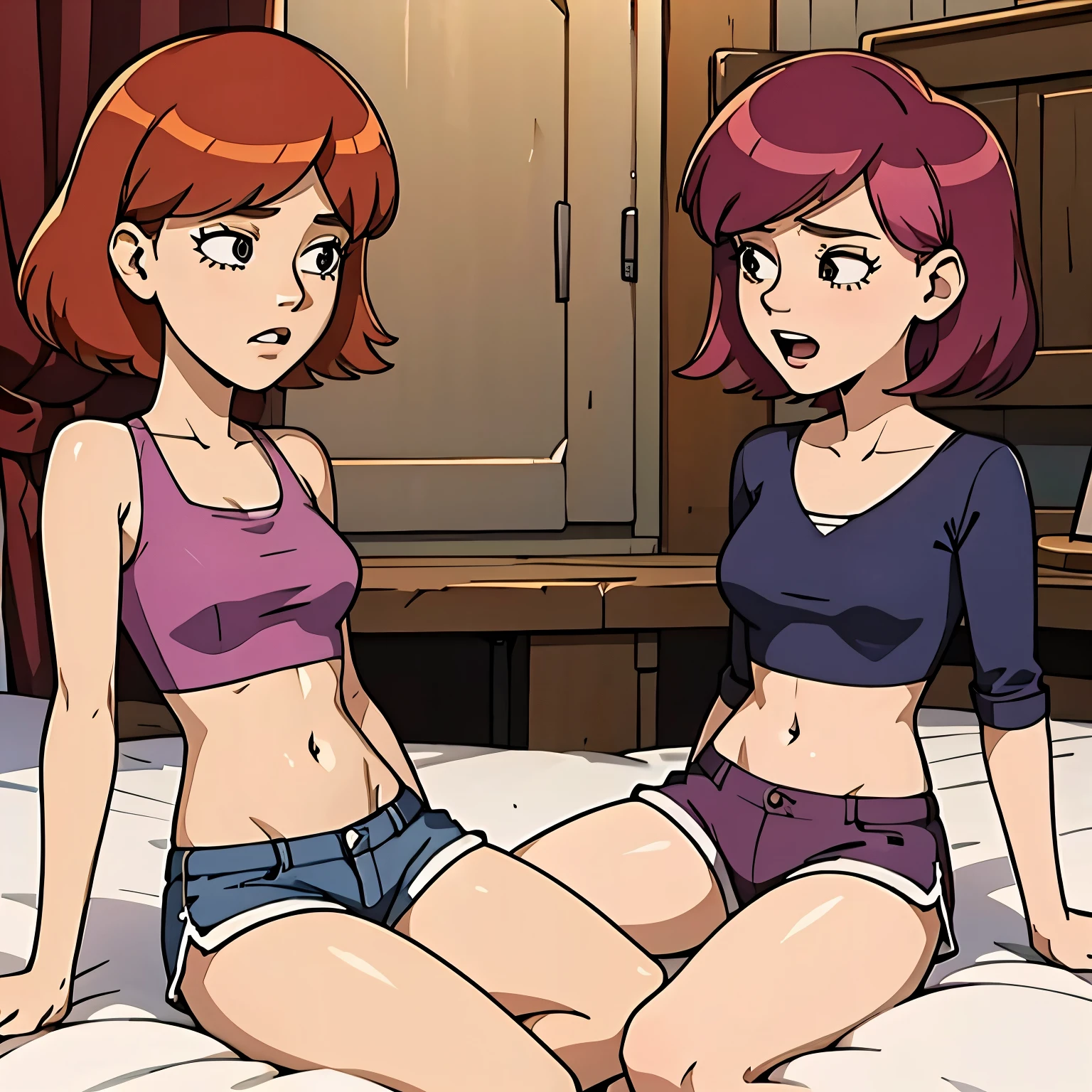 Jessica and tambry sitting on the bed and playng games, they're wear a crop tops an pents, they're laughing 