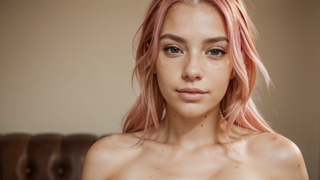 realistic photo of beautiful woman with pink hair, hair roots slightly faded, spanish, influencer, light freckles, brown eyes, no makeup