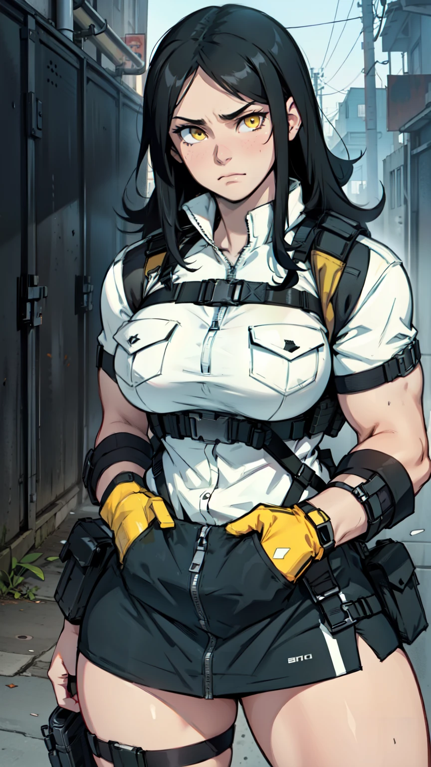 sad muscular girl thick black hair yellow eyes pale thick breasts combat gear bulletproof vest straps pockets