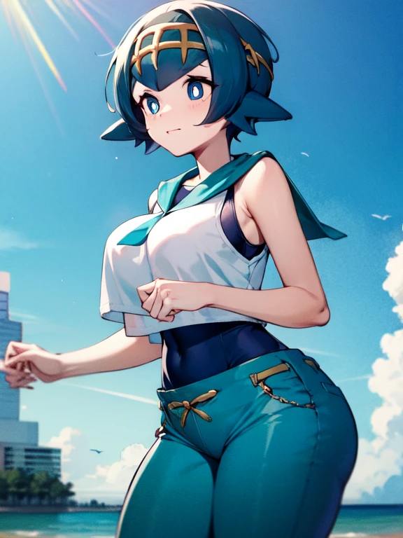 high quality, masterpiece, big tits, thick thighs, pkmnLana, white pupils, headband, blue sailor collar, sleeveless white shirt, swimsuit under clothes, blue pants