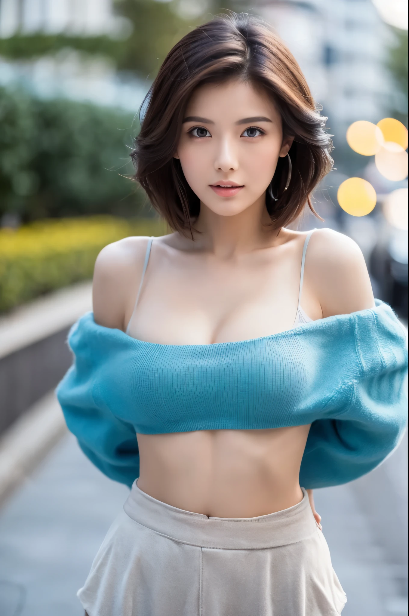 ((Best Quality, 8k, Masterpiece: 1.3)), Focus: 1.2, Perfect Body Beauty: 1.4, Buttocks: 1.2, ((Layered Haircut)), (Casual Clothes: 1.1), (Rain, Street:1.3), (Breasts: 1.2), Bare Shoulders, Highly Detailed Face and Skin Texture, Fine Eyes, Double Eyelids, Whitened Skin, Various Hair Style, (Bokeh Background: 1.5), Medium Breasts, Extremely Thin Waist