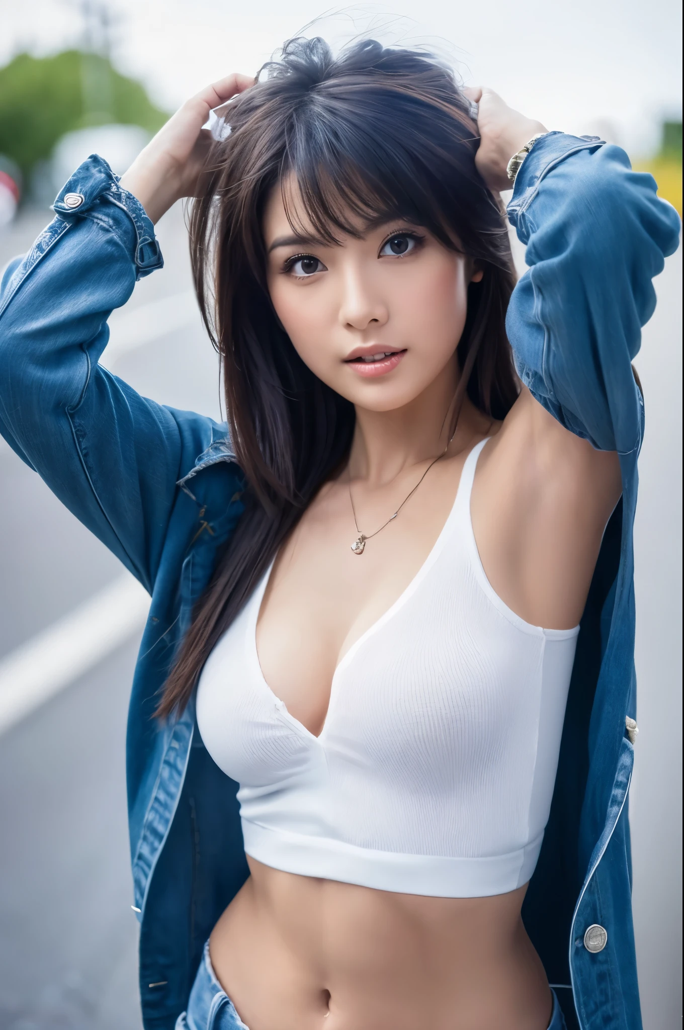 ((Best Quality, 8k, Masterpiece: 1.3)), Focus: 1.2, Perfect Body Beauty: 1.4, Buttocks: 1.2, ((Layered Haircut)), (Casual Clothes: 1.1), (Rain, Street:1.3), (Breasts: 1.2), Bare Shoulders, Highly Detailed Face and Skin Texture, Fine Eyes, Double Eyelids, Whitened Skin, Various Hair Style, (Bokeh Background: 1.5), Medium Breasts, Extremely Thin Waist