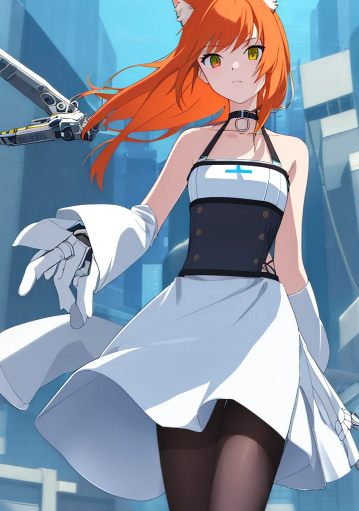 1girl, (skinny), medium breast, cat tail and ears, shoulder-length hair, orange hair, fluffy flipped hair (swept bangs), heterochromia eyes, eye1 blue, eye2 green, cyberpunk dress, white dress, (mechanical inserts in collarbone, mechanical inserts in neck, mechanical inserts on waist), black high gloves, mechanical inserts , black stockings, white shoes