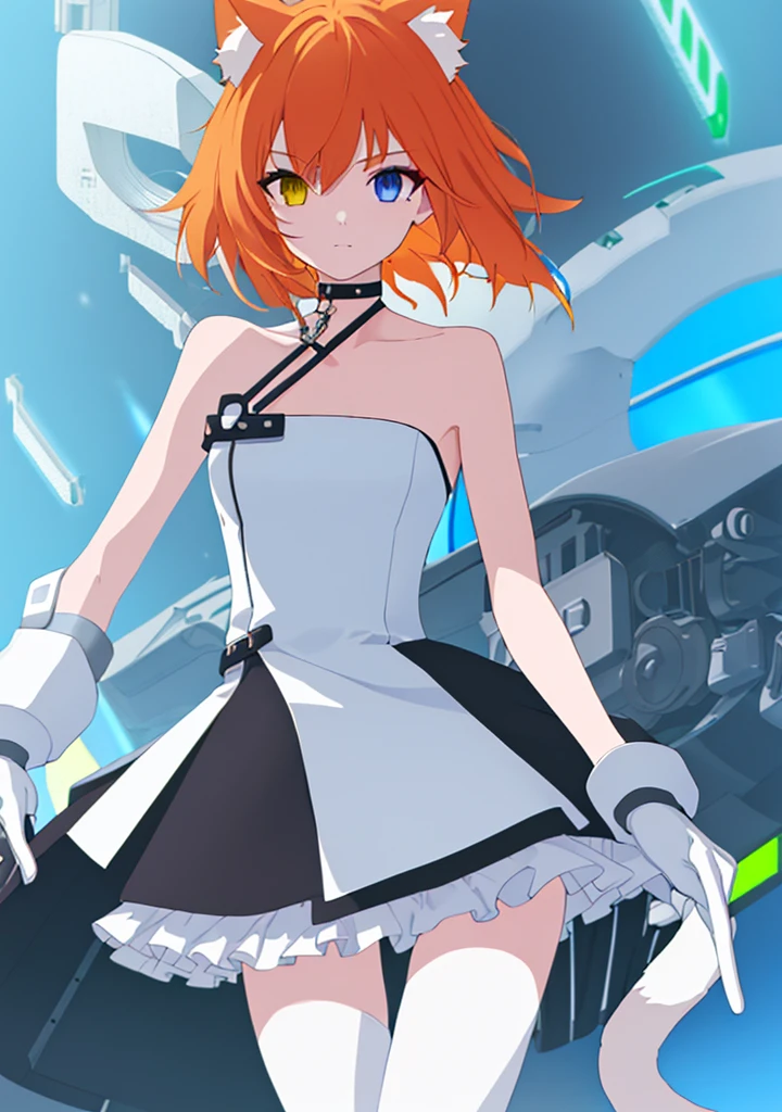 1girl, (skinny), medium breast, cat tail and ears, shoulder-length hair, orange hair, fluffy flipped hair (swept bangs), heterochromia eyes, eye1 blue, eye2 green, cyberpunk dress, white dress, (mechanical inserts in collarbone, mechanical inserts in neck, mechanical inserts on waist), black high gloves, mechanical inserts , black stockings, white shoes