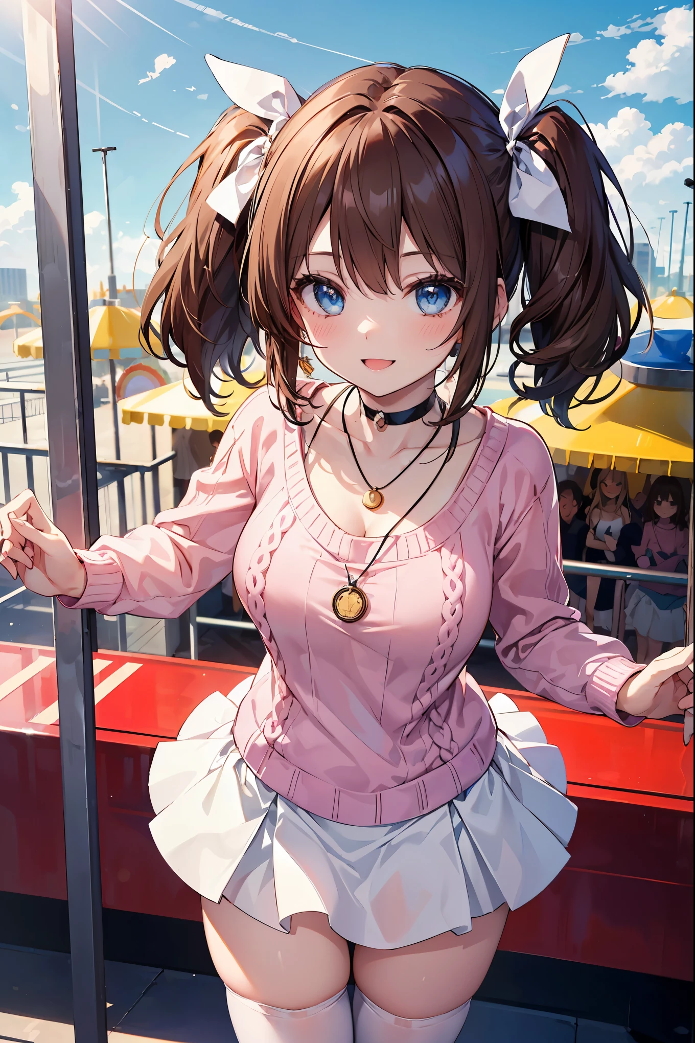 (girl): solo, (perfect face), (detailed outfit), (20 years old), lovely girl, (rabbit ears), happy, (smiling), (dancing), brown hair, medium hair, (twintails hair), blue eyes, pale skin, medium breasts, (pink sweater), (white skirt, white thighhighs), (large ribbon), (pendant), (choker)

(background): from above, outdoor, amusement park, (rides), (crowd), (ferris wheel), (afternoon), (sunny)

(effects): (masterpiece), (best quality), (sharp focus), (depth of field), (high res), more_details:-1, more_details:0, more_details:0.5, more_details:1, more_details:1.5
