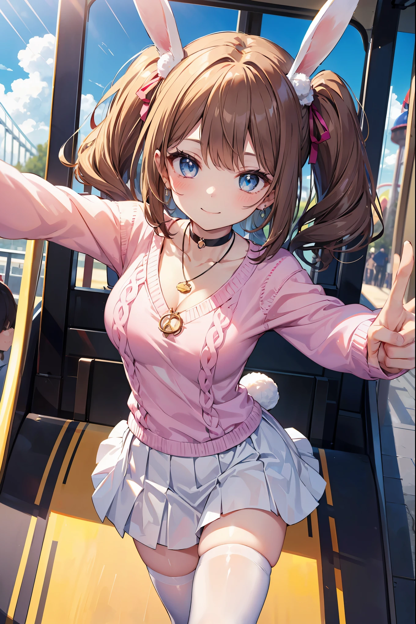 (girl): solo, (perfect face), (detailed outfit), (20 years old), lovely girl, (rabbit ears), happy, (smiling), (dancing), brown hair, medium hair, (twintails hair), blue eyes, pale skin, medium breasts, (pink sweater), (white skirt, white thighhighs), (large ribbon), (pendant), (choker)

(background): from above, outdoor, amusement park, (rides), (crowd), (ferris wheel), (afternoon), (sunny)

(effects): (masterpiece), (best quality), (sharp focus), (depth of field), (high res), more_details:-1, more_details:0, more_details:0.5, more_details:1, more_details:1.5