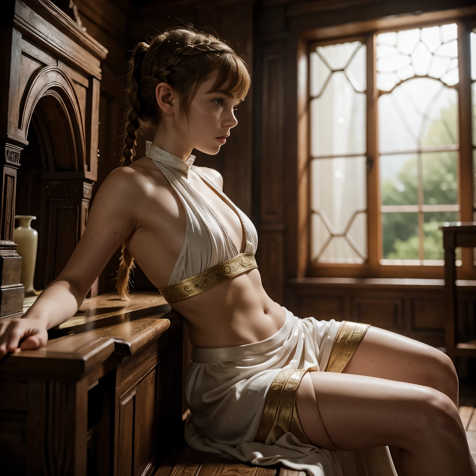 Sophia Lillis, thick body, braided ponytail, elven room, fantasy picture, white toga