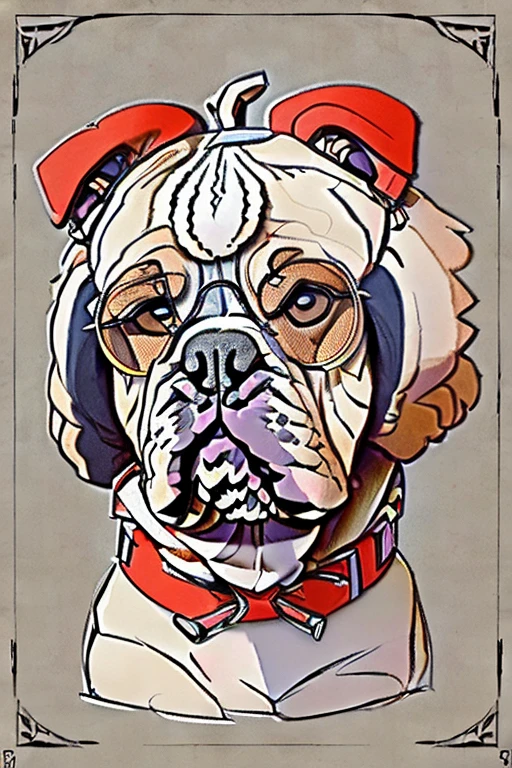 (((Bulldog breed dog, poodle, Collie))), Using Rocker Accessories, he wears a red bandana around his neck, Fashion glasses, famous brand cap, (((cartazes, planfetos, Adesivos, propaganda, revista.))) monochrome, linear, pencil sketch, sem cor, scribble made with pencil.