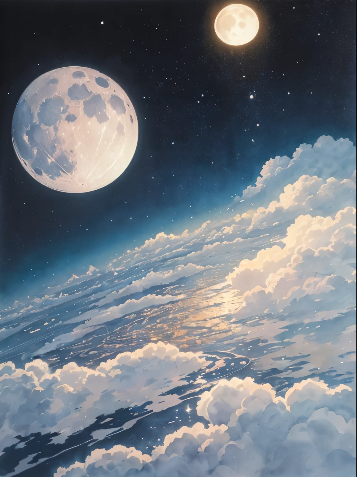 The moon is thinly covered with clouds, And the moonlight shines through the clouds on hake's rainbow ring.. The world is surrounded by a sacred atmosphere.(Ink on Japanese paper, Things that bleed easily)(Contemporary art like a picture book) (transparent watercolor) (Realistic representation of light itself) (Soft layer, rich colors) (Color of paint diluted with water) (deep, Delicate color)
