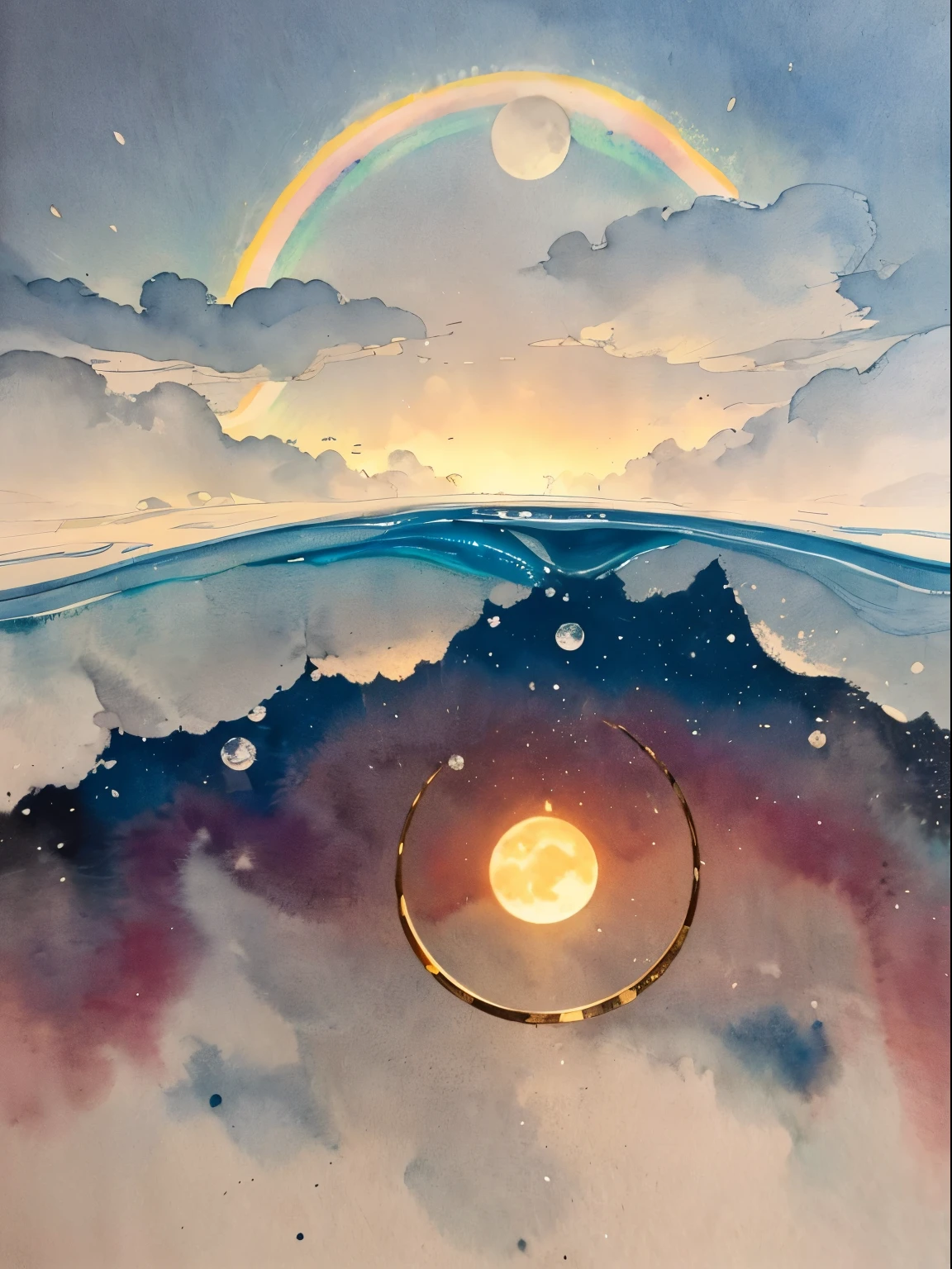 The moon is thinly covered with clouds, And the moonlight shines through the clouds on hake&#39;s rainbow ring.. The world is surrounded by a sacred atmosphere.(Ink on Japanese paper, Things that bleed easily)(Contemporary art like a picture book) (transparent watercolor) (Realistic representation of light itself) (Soft layer, rich colors) (Color of paint diluted with water) (deep, Delicate color)