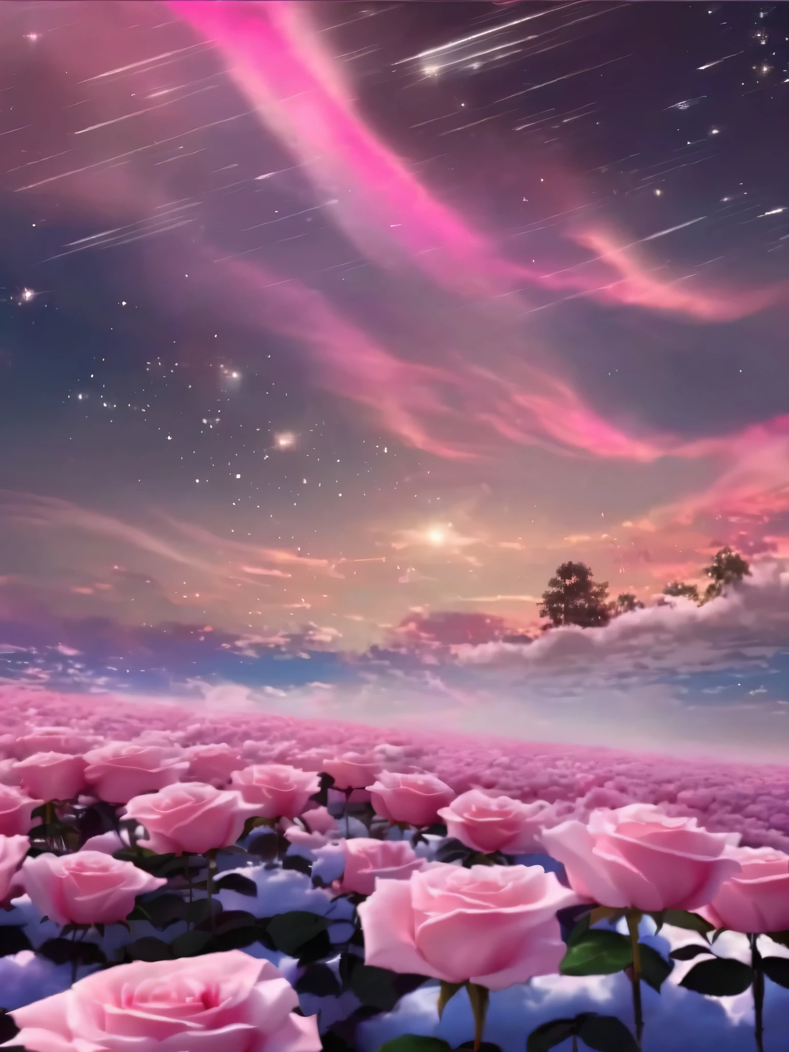 Pink roses under the starry sky, Anime beautiful peaceful scene, Magical and dreamy atmosphere, Beautiful and beautiful, Fantastic colors and atmosphere, Breathtakingly beautiful, like a dream, beautiful anime scene, extremely beautiful and ethereal, Very magical and dreamy, Fluffy pink anime cloud, pink landscape, magnificent background, Pink soft light 4K, dream