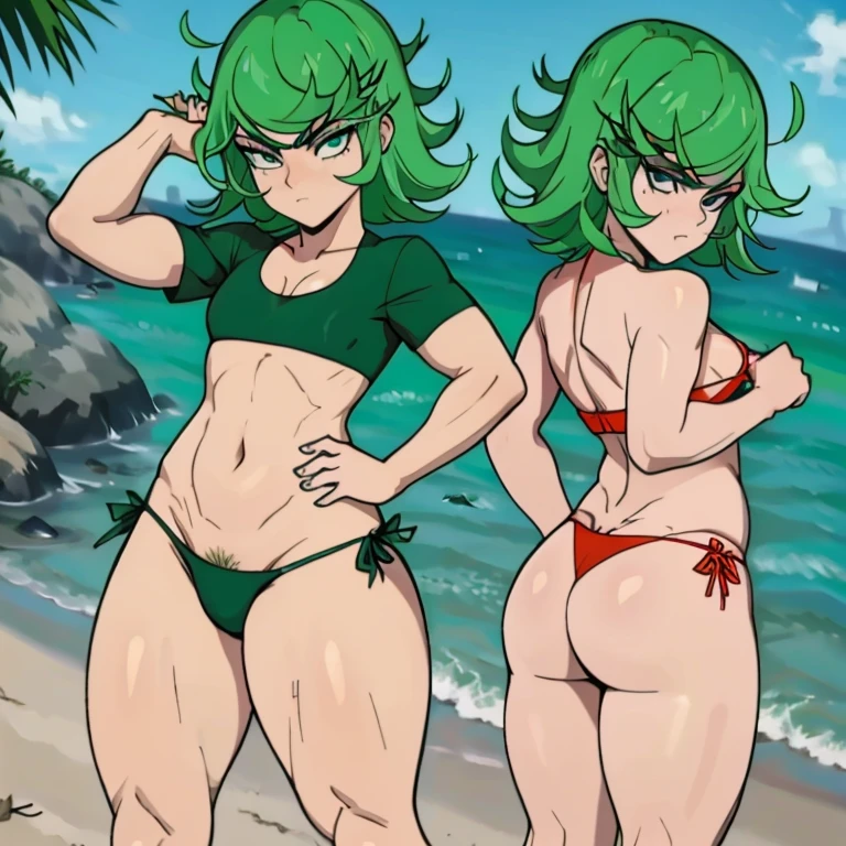 pelo verde, cabello corto risado, ojos verdes, muslos gruesos, pechos grandes, (fitness), pale skin, polainas, Camiseta sin mangas, Cuerpo tonificado, 1 chica, from behind, gran culo, (micro bikini)