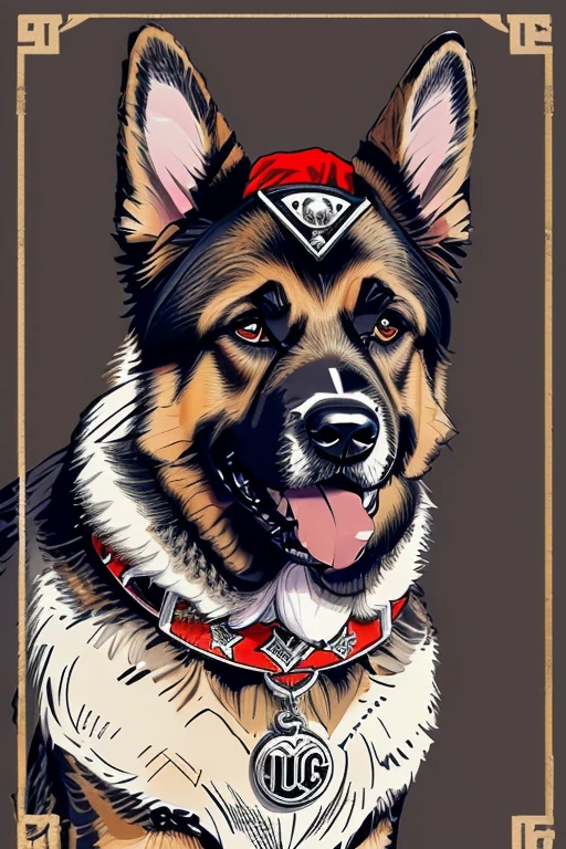 (((German Shepherd dog, bulldogue, poodle, Collie))), Using Rocker Accessories, he wears a red bandana around his neck, Fashion glasses, famous brand cap, (((cartazes, planfetos, Adesivos, propaganda, revista.))) monochrome, linear, pencil sketch, sem cor, scribble made with pencil.
