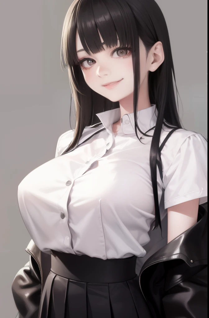 1 girl, smile, shirt, mini skirt, jirai fashion, jirai makeup、 big breasts、Enchanting cleavage、exquisite female body、detailed face、detailed person、perfect human body、detailed background